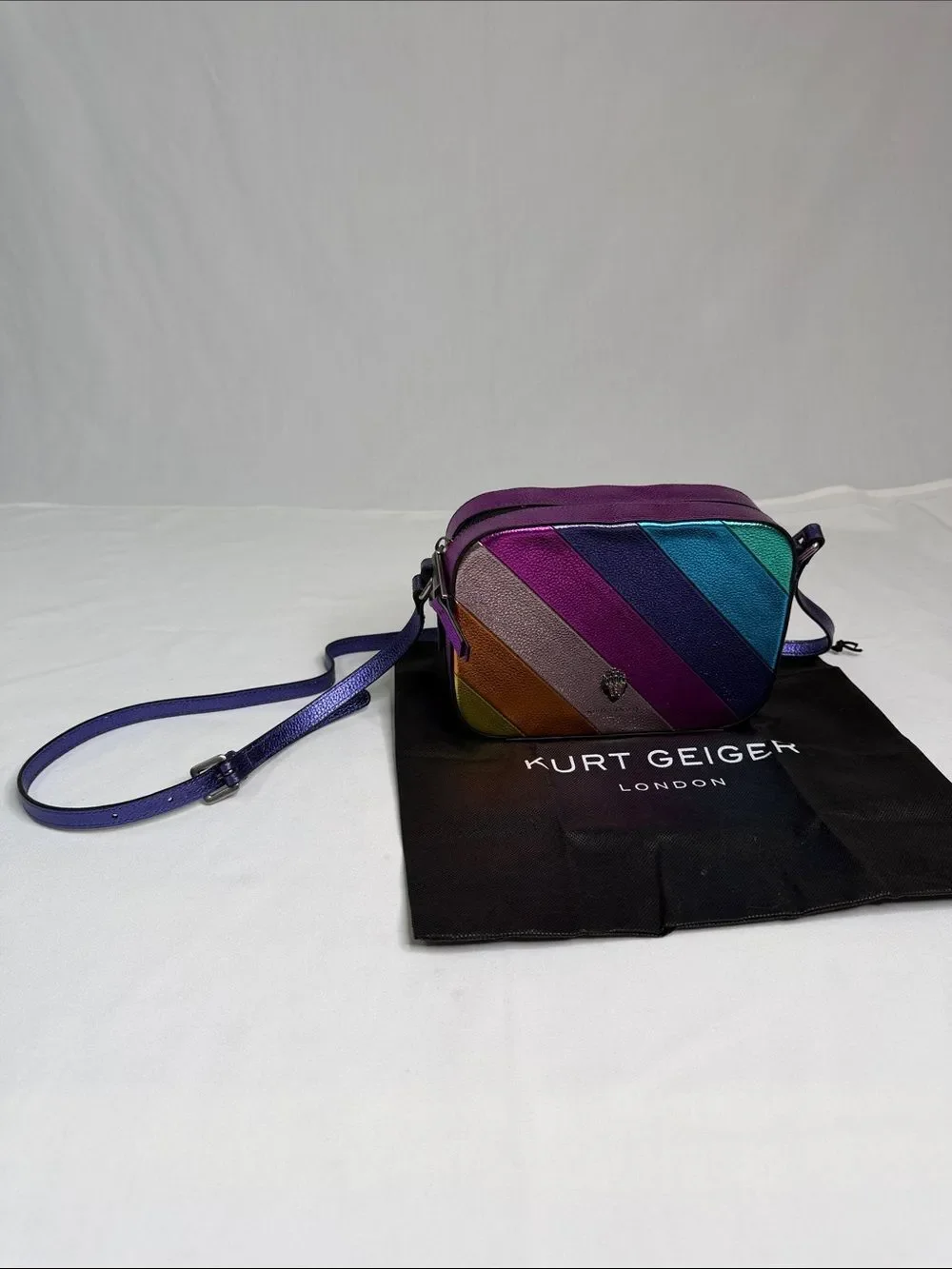 Kurt Geiger Rainbow Diagonal Stripe Leather Crossbody with Purple Strap